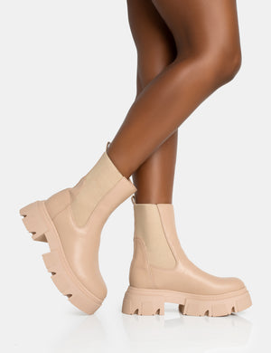 Edgy Taupe Pu Elasticated Ankle Rounded Chunky Sole Ankle Boots Public Desire