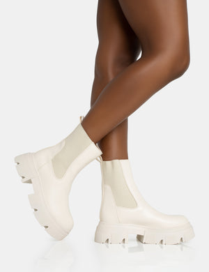 Edgy Cream Pu Elasticated Ankle Rounded Chunky Sole Ankle Boots