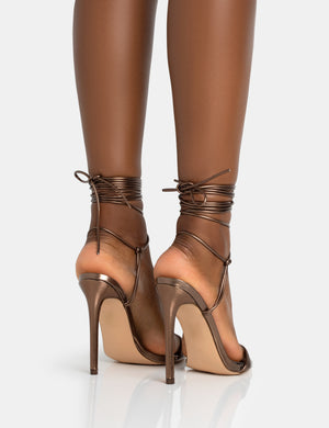 Merlot Metallic Bronze Lace Up Wrap Around Pointed Toe Stiletto Heels