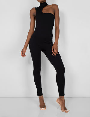 Seamless Asymmetric Neck Jumpsuit Unitard Black