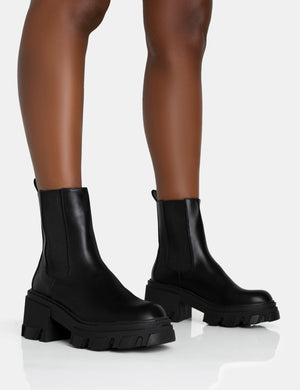 Astro Black Pu Elasticated Ankle Detail Chunky Sole Ankle Heeled Boots