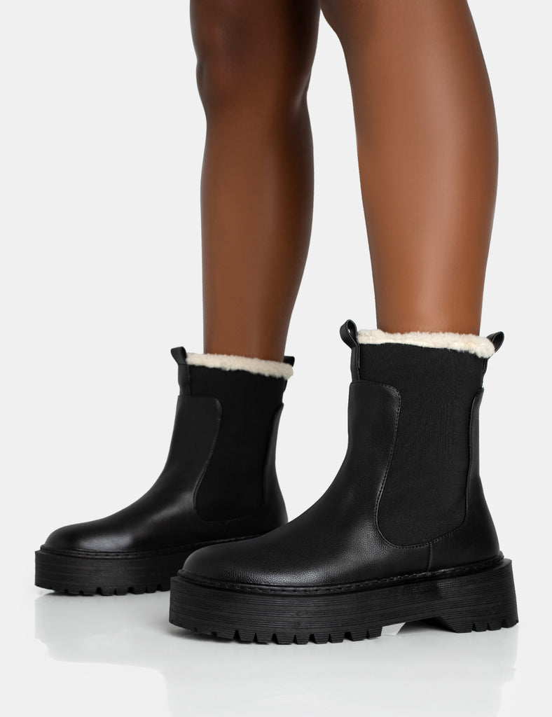 Black Ankle High Quilted PU Faux Leather Boots - Alise