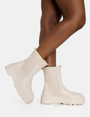 Alpine Cream Pu Faux Fur Trim Elasticated Ankle Detail Rounded Toe Chunky Sole Ankle Boots