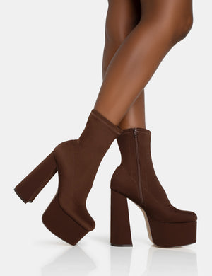 Dominate Chocolate Nylon Platform Rounded Square Toe Block Heeled Ankle Boots