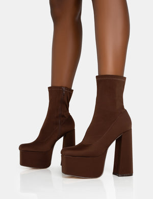 Dominate Chocolate Nylon Platform Rounded Square Toe Block Heeled Ankle Boots