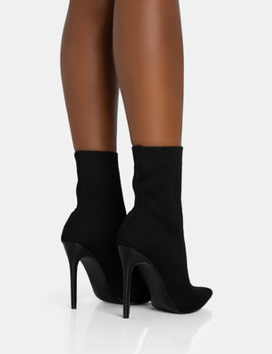 Mirival Black Knitted Stiletto Sock Pointed Toe Ankle Boots