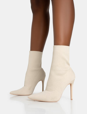Mirival Off White Knitted Stiletto Sock Pointed Toe Ankle Boots