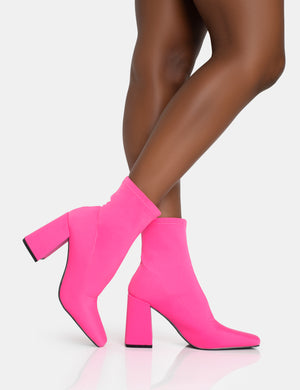 Delani Hot Pink Neoprene Zip Up Rounded Pointed Toe Block Heel Ankle Boots