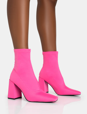 Delani Hot Pink Neoprene Zip Up Rounded Pointed Toe Block Heel Ankle Boots