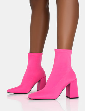 Delani Hot Pink Neoprene Rounded Pointed Block Heel Ankle Boots