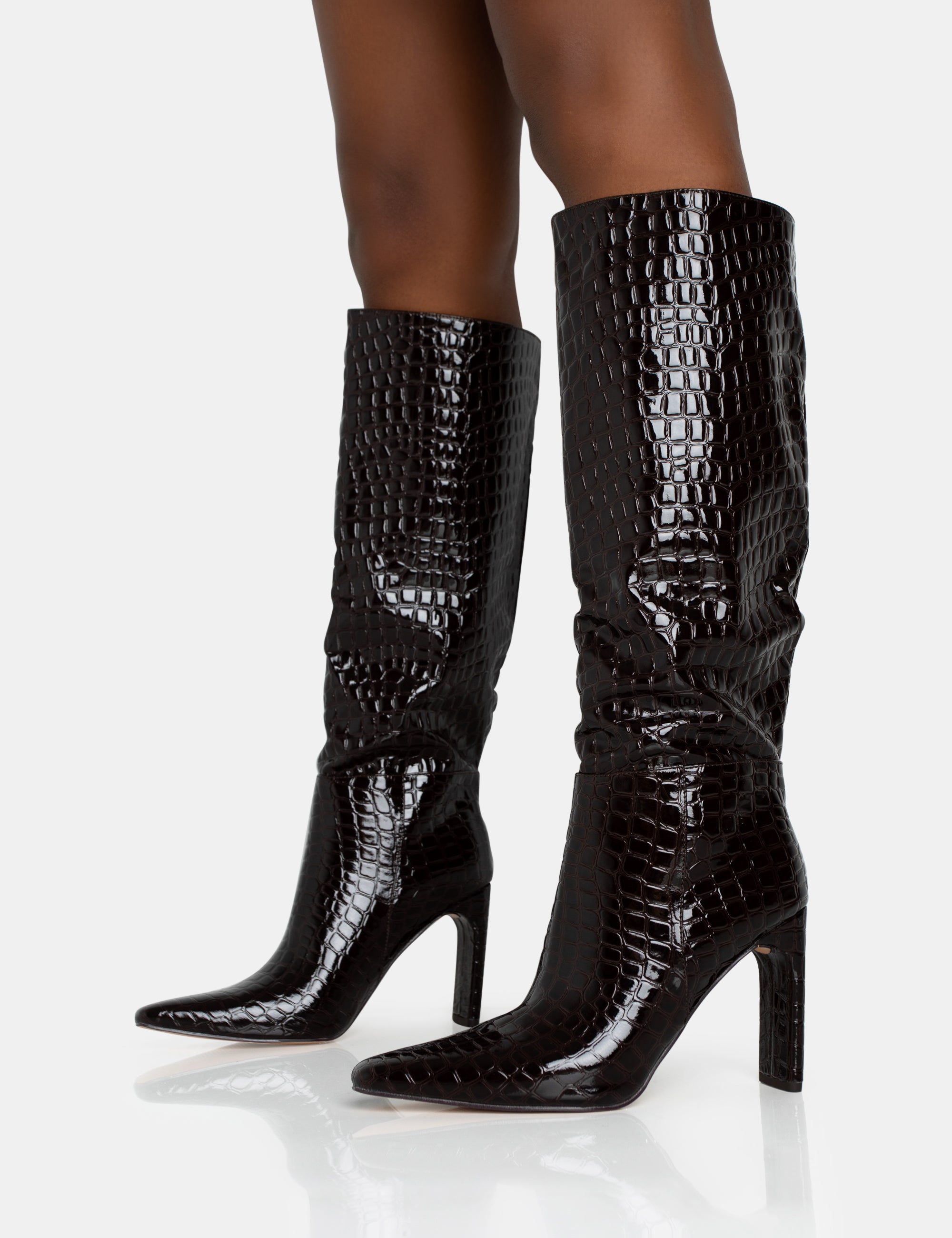 Undone Brown Patent Croc Knee High Zip Up Pointed Toe Thin Block Heeled Boots Public Desire