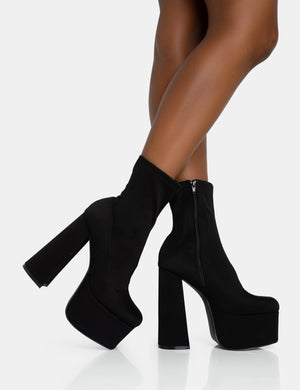 Dominate Black Nylon Platform Rounded Square Toe Block Heeled Ankle Boots