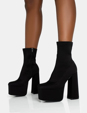 Dominate Black Nylon Platform Rounded Square Toe Block Heeled Ankle Boots