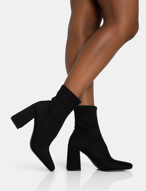 Delani Black Neoprene Zip Up Rounded Pointed Toe Block Heel Ankle Boots