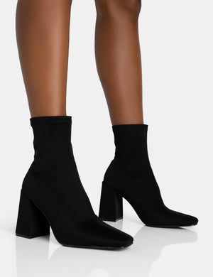 Delani Black Neoprene Zip Up Rounded Pointed Toe Block Heel Ankle Boots