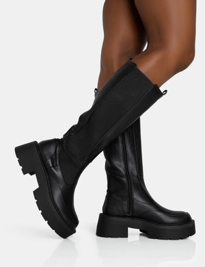 Evergreen Black Pu Knee High Elasticated Detail Chunky Heeled Sole Boots