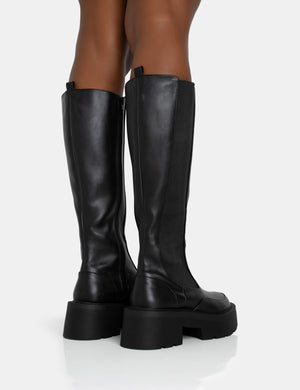 Evergreen Black Pu Knee High Elasticated Detail Chunky Heeled Sole Boots