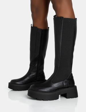 Evergreen Black Pu Knee High Elasticated Detail Chucky Heeled Sole Boots