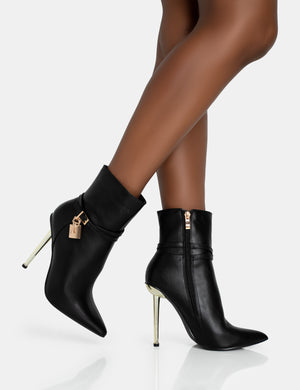 Jalan Black Pu Padlock Pointed Toe Gold Stiletto Heel Ankle Boots