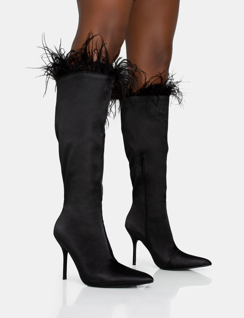 Baddie Black Satin Feather Pointed Toe Stiletto Knee High Boots Public Desire