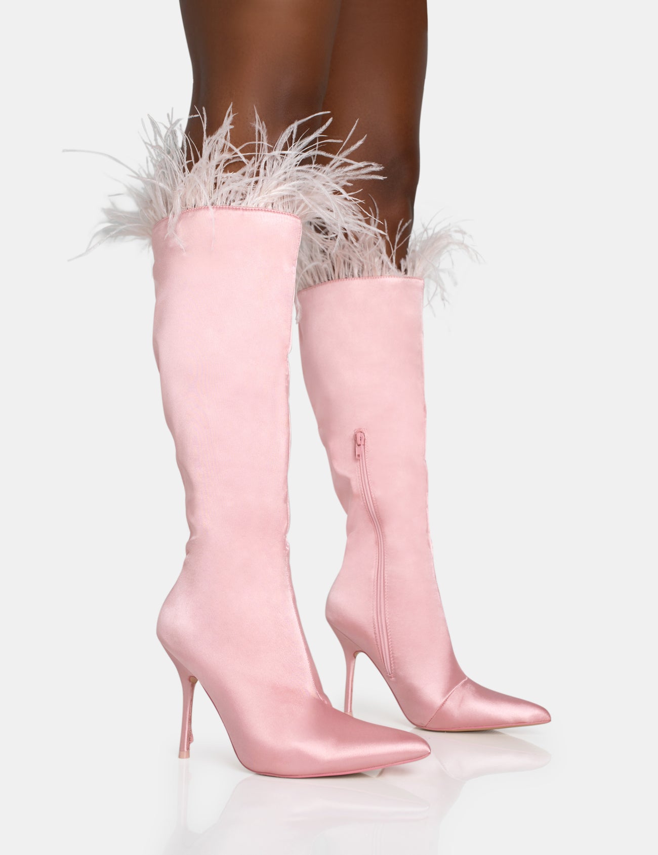 Baddie Baby Pink Satin Feather Pointed Toe Stiletto Knee High Boots ...