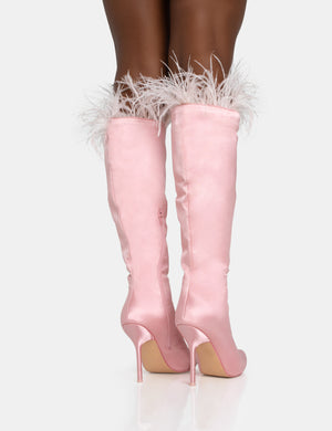 Baddie Baby Pink Satin Feather Pointed Toe Stiletto Knee High Boots