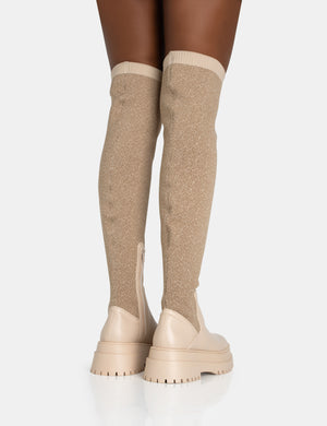 Happier Nude Boucle Knit Over The Knee Boots