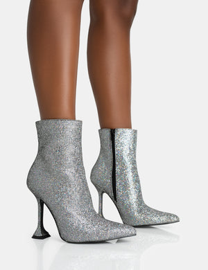 Arabella SIlver Glitter Pointed Toe Cake Stand Heeled Ankle Boots