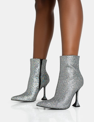 Arabella SIlver Glitter Pointed Toe Cake Stand Heeled Ankle Boots