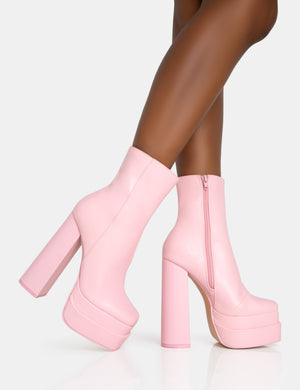 Supine Baby Pink PU Chunky Heeled Platform Ankle Boots