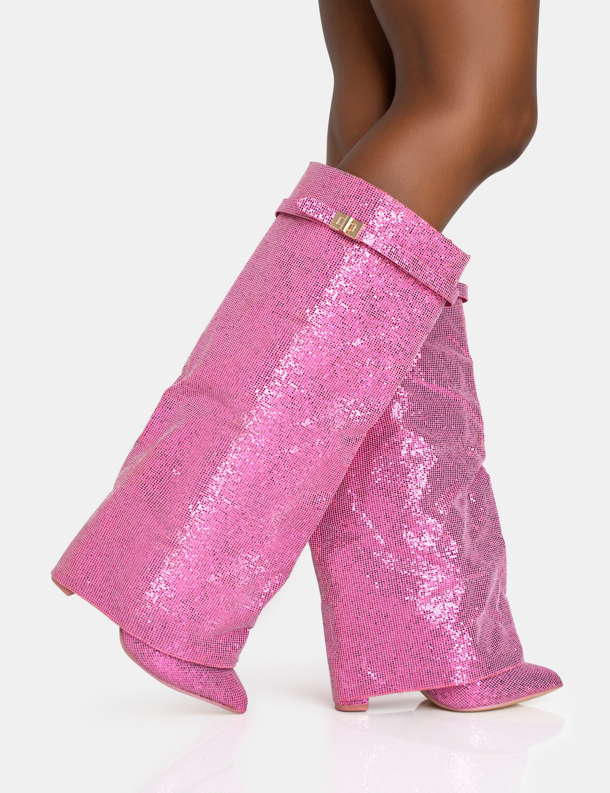Echo Hot Pink Glitter Padlock Detail Fold Over Pointed Toe Knee High Boots Public Desire
