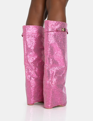 Echo Hot Pink Glitter Twist Lock Detail Fold Over Pointed Toe Knee High Boots