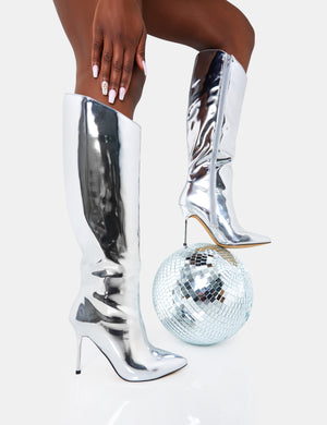 Falcon Silver Mirror Knee High Stiletto Boot