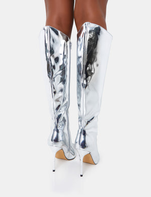 Falcon Silver Mirror Knee High Stiletto Boot