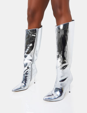Falcon Silver Mirror Knee High Stiletto Boot