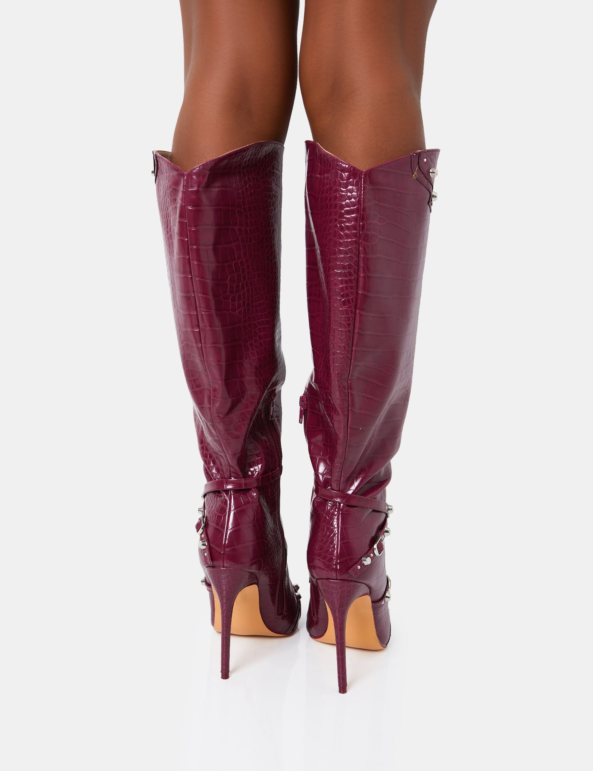 Doja Wide Fit Burgundy Croc Studded Zip Detail Pointed Toe Stiletto Knee  High Boots