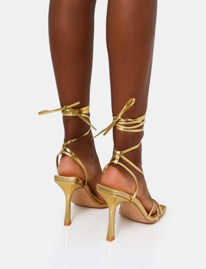 DIVINE WIDE FIT GOLD STRAPPY LACE UP SQUARE TOE MID STILETTO HEELS ...