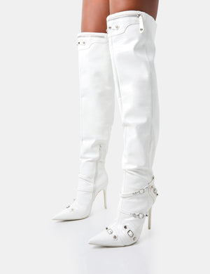 Kodak White Croc Pointed Toe Zip Detail Over The Knee Boots