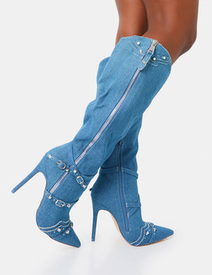 Worthy Blue Denim Studded Zip Detail Pointed Toe Stiletto Knee High Boots