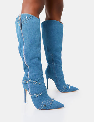 Worthy Blue Denim Studded Zip Detail Pointed Toe Stiletto Knee High Boots