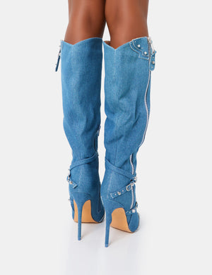 Worthy Blue Denim Studded Zip Detail Pointed Toe Stiletto Knee High Boots