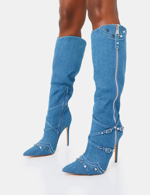 Worthy Blue Denim Studded Zip Detail Pointed Toe Stiletto Knee High Boots