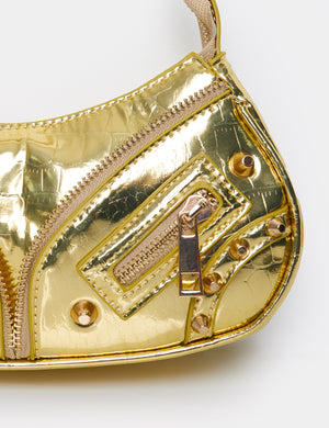 The Candice Zip Detailed Gold Croc Shoulder Bag