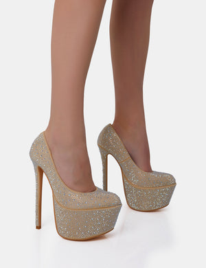 Star Nude Holographic Diamante Encrusted Platform Stiletto