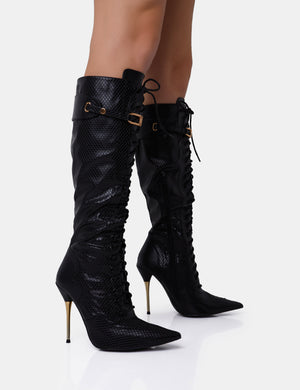 Infatuated Black Croc Lace Up Buckle Feature Pointed Toe Gold Stiletto Knee High Boots