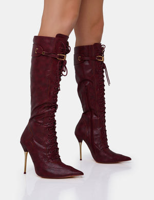Infatuated Burgundy Croc Lace Up Buckle Feature Pointed Toe Gold Stiletto Knee High Boots