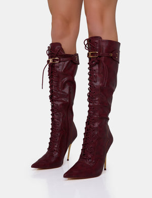 Infatuated Burgundy Croc Lace Up Buckle Feature Pointed Toe Gold Stiletto Knee High Boots