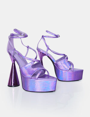 Tina Iridescent Metallic Purple Asymmetric Cut Out Strappy Ankle Platform Flared Block Heel