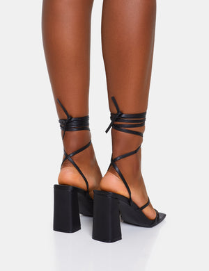 Natty Black Pu Lace Up Square Toe Mid Block Heels