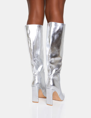 Undone Silver Pu Knee High Zip Up Pointed Toe Thin Block Heeled Boots